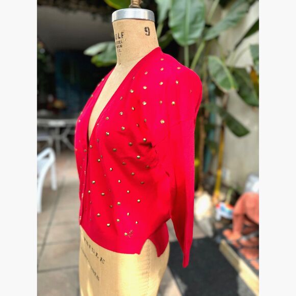Vintage Y2K Cherry Red Gold Studded 4 Button Slightly Oversized Cardigan Size M - Picture 6 of 8